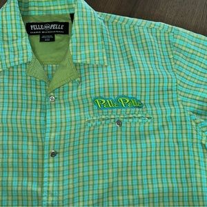 Pelle Pelle Marc Buchanan Mens XL Short Sleeve Button Up Green Embroidered
